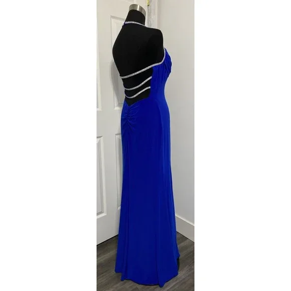 Morgan Co Y2k 90s Prom HOCO Gown Dress Blue Halter Strappy Cage Back Rhinestone - Picture 5 of 10